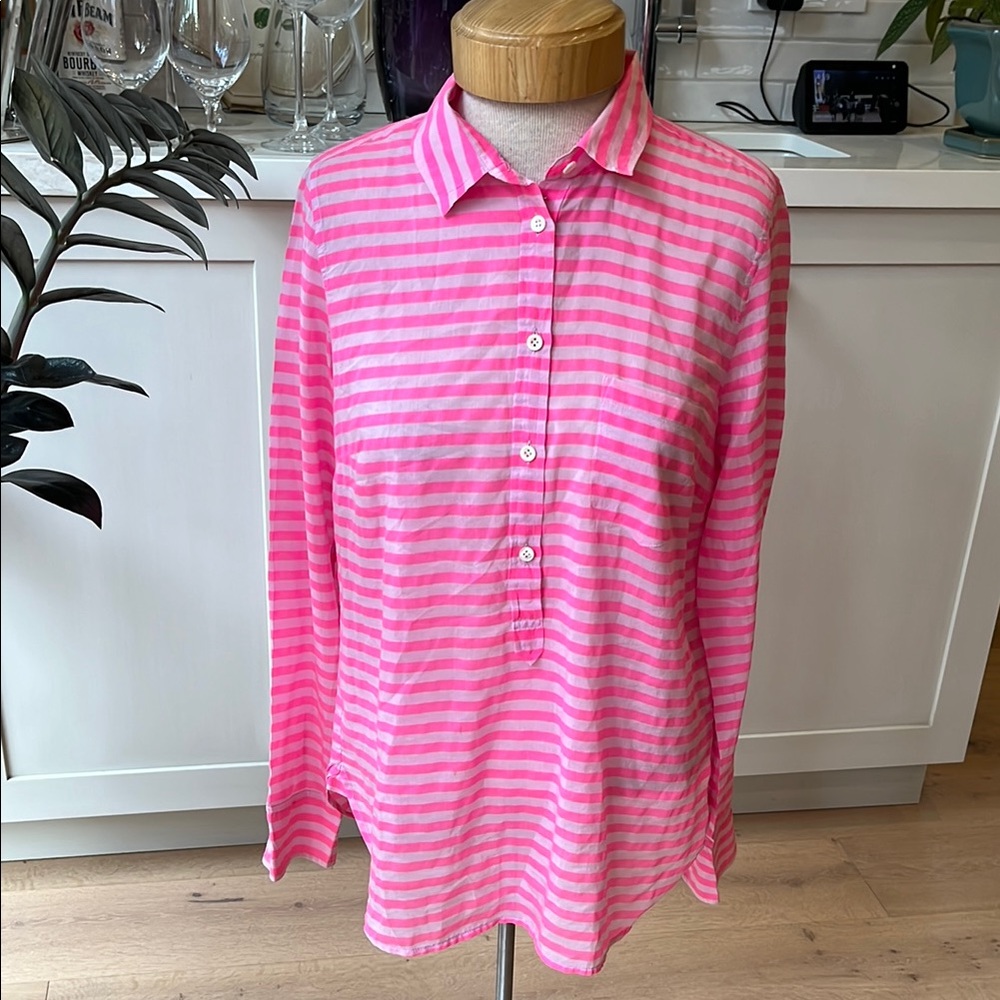 NWOT J Crew 1/2 button front pink on pink stripe cotton silk long sleeved shirt